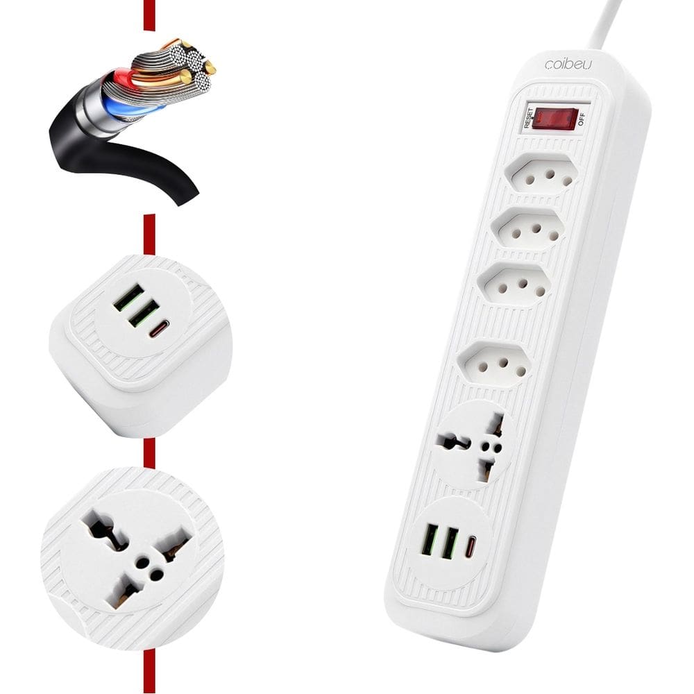 Filtro de Linha, Extensão Tomada, Régua 4 tomadas comuns, 2 portas USB Type-C, 1 micro USB e 1 Tomada Universal