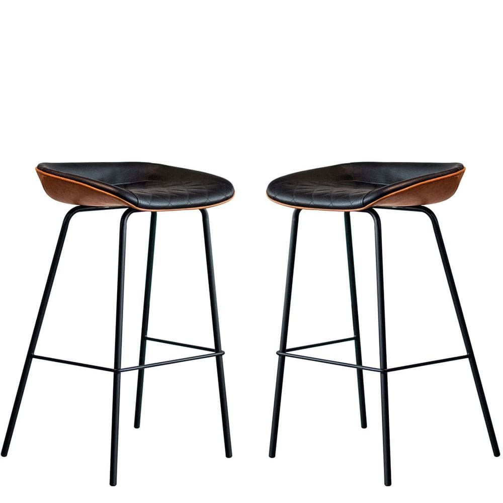 Kit 2 Cadeira Banqueta Alta Com Assento Estofado em Couro Preto e Marrom Leather  EdeCasaMoveis