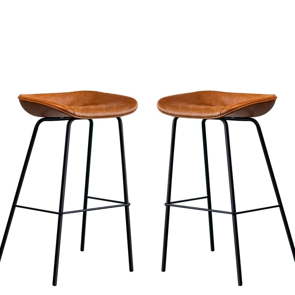 Kit 2 Cadeira Banqueta Alta Com Assento Estofado em Couro Marrom Leather  EdeCasaMoveis