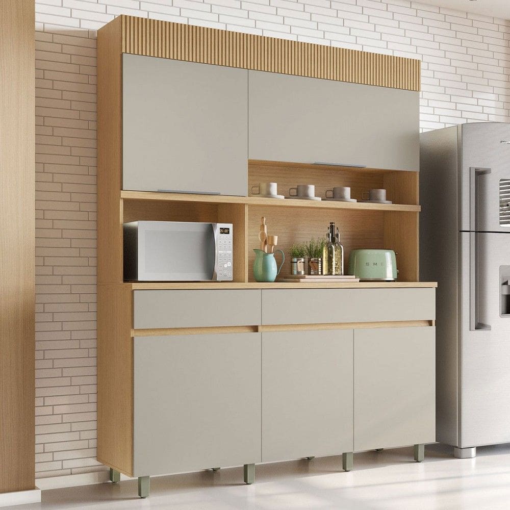 Cozinha Compacta Realeza 5 Portas 2 Gavetas 100% Mdf Ripado Carvalho/Greige - Nesher