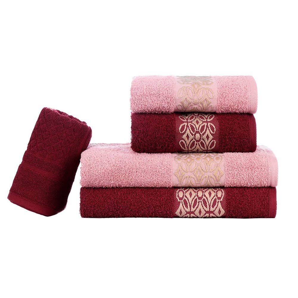 Jogo de Banho Bordado Jacquard 5 Peças Aslan Malbec/Rosa Antique Sonhare Prata Sultan
