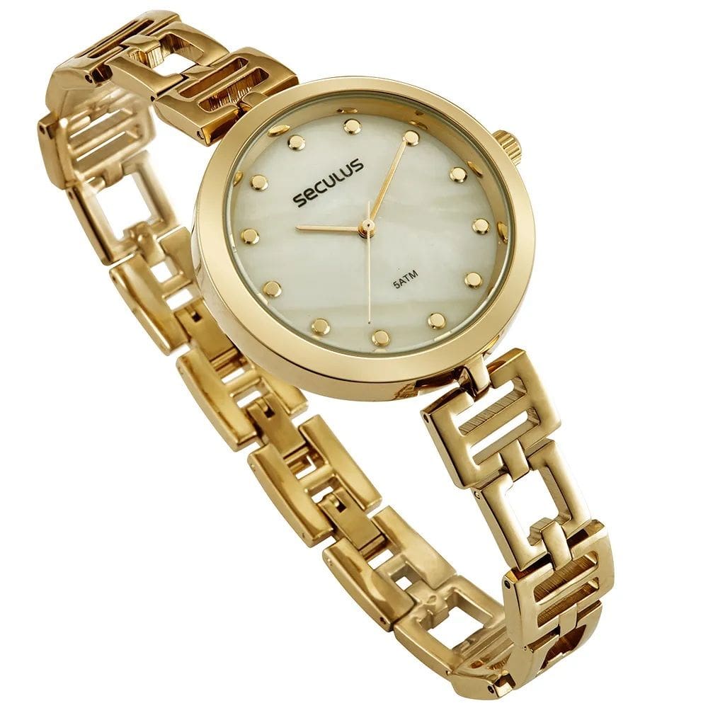 Relógio Seculus Feminino Madrepérola Corrente Dourado 77296LPSVDB1