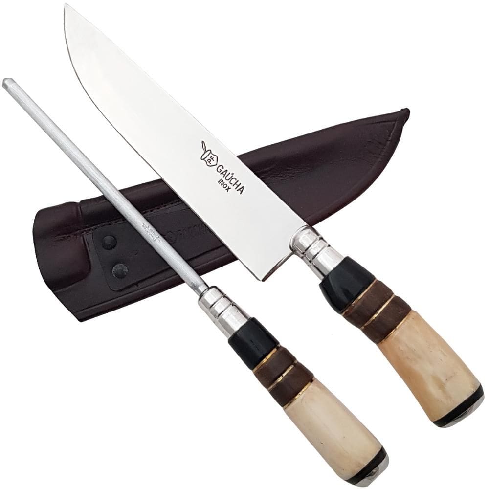 Faca e Chaira Para Churrasco Aço inox 8” Cabo de Osso Madeira