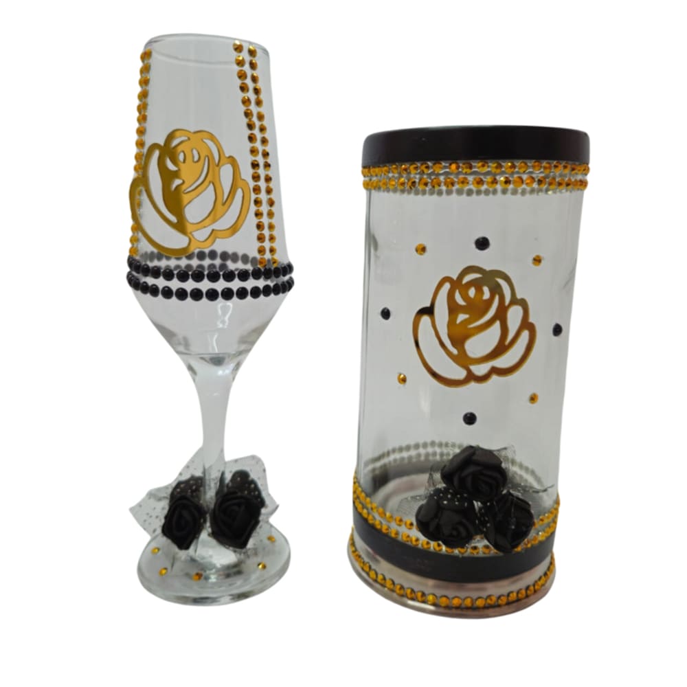 Kit Taça e Porta Vela Dama da Noite Rosa Vidro + Presente