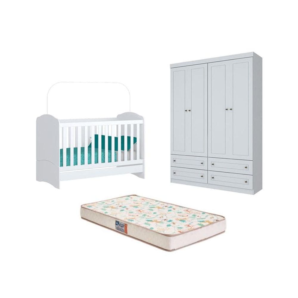 Berço Bala de Menta e Guarda Roupa Americano 4 Pts Branco e Colchão - FdECOR