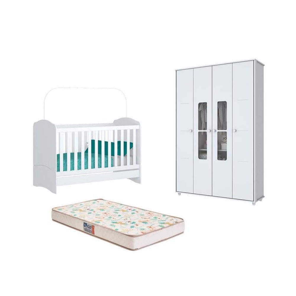 Berço Bala de Menta e Guarda Roupa Aquarela Branco e Colchão - FdECOR