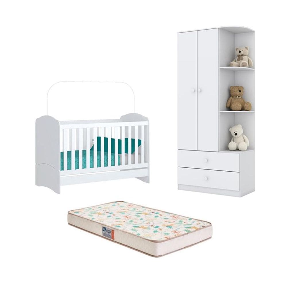 Berço Bala de Menta e Guarda Roupa Labirinto Branco e Colchão - FdECOR