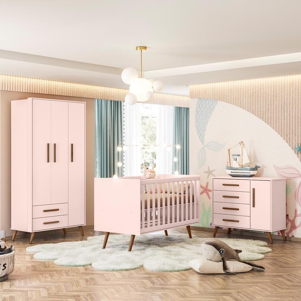 Conjunto Infantil Retrô Rosa Quasar: Berço Quasar Mini Cama + Guarda-Roupa Quasar + Cômoda Quasar