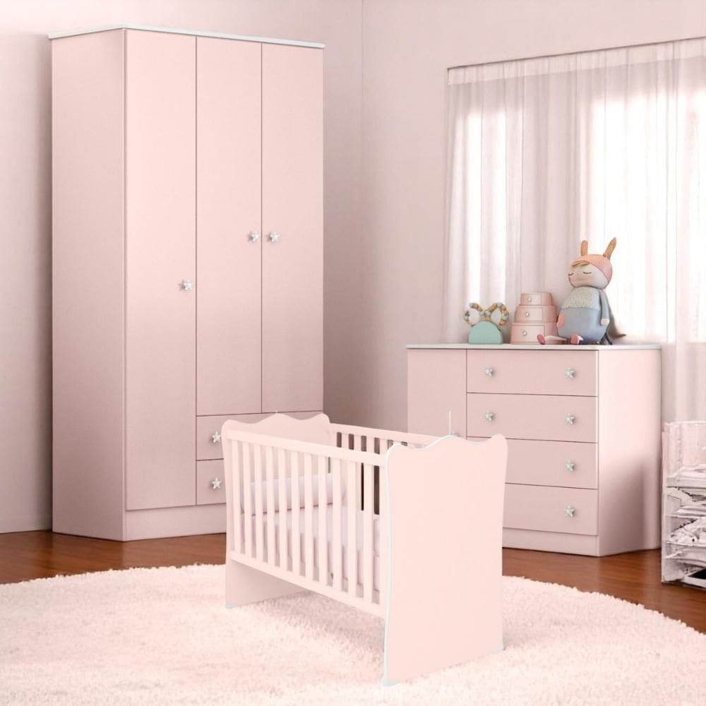 Conjunto Infantil Doce Sonho Rosa Acetinado: Berço Doce Sonho Kit Rodízios Cômoda Doce Sonho Guarda-Roupa Doce Sonho