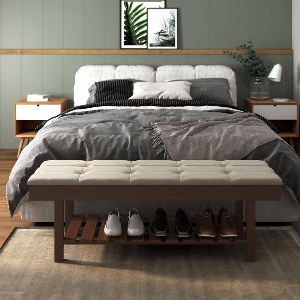 Banco Em Madeira Almofadado Com Sapateira Bege Linho