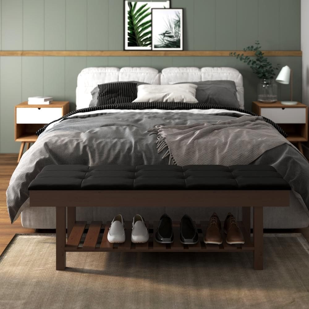 Banco Em Madeira Almofadado Com Sapateira Preto Pavia