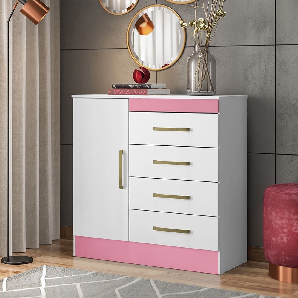 Cômoda com 4 Gavetas Montevidéu Branco Rosa Flex Demóbile