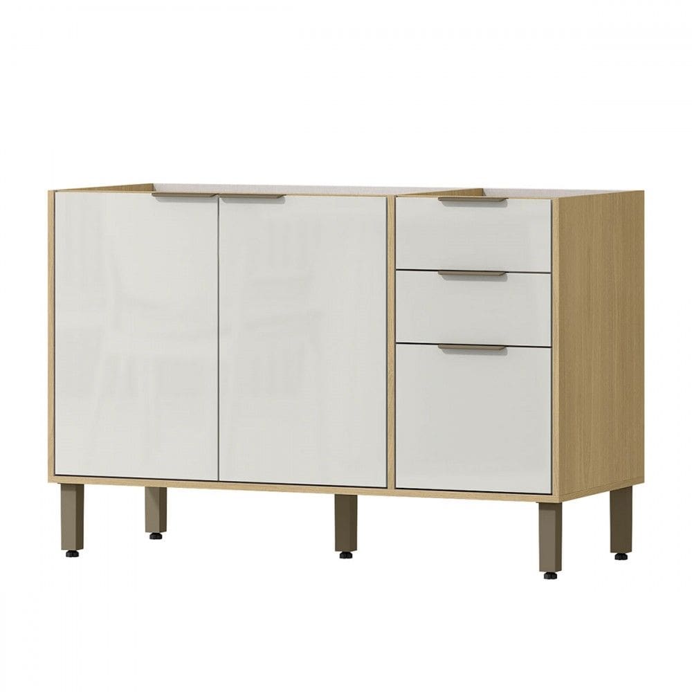 Balcão de Cozinha para Pia 120 Cm Estela 3 Portas 2 Gavetas Castanho/Off White - Pnr Móveis
