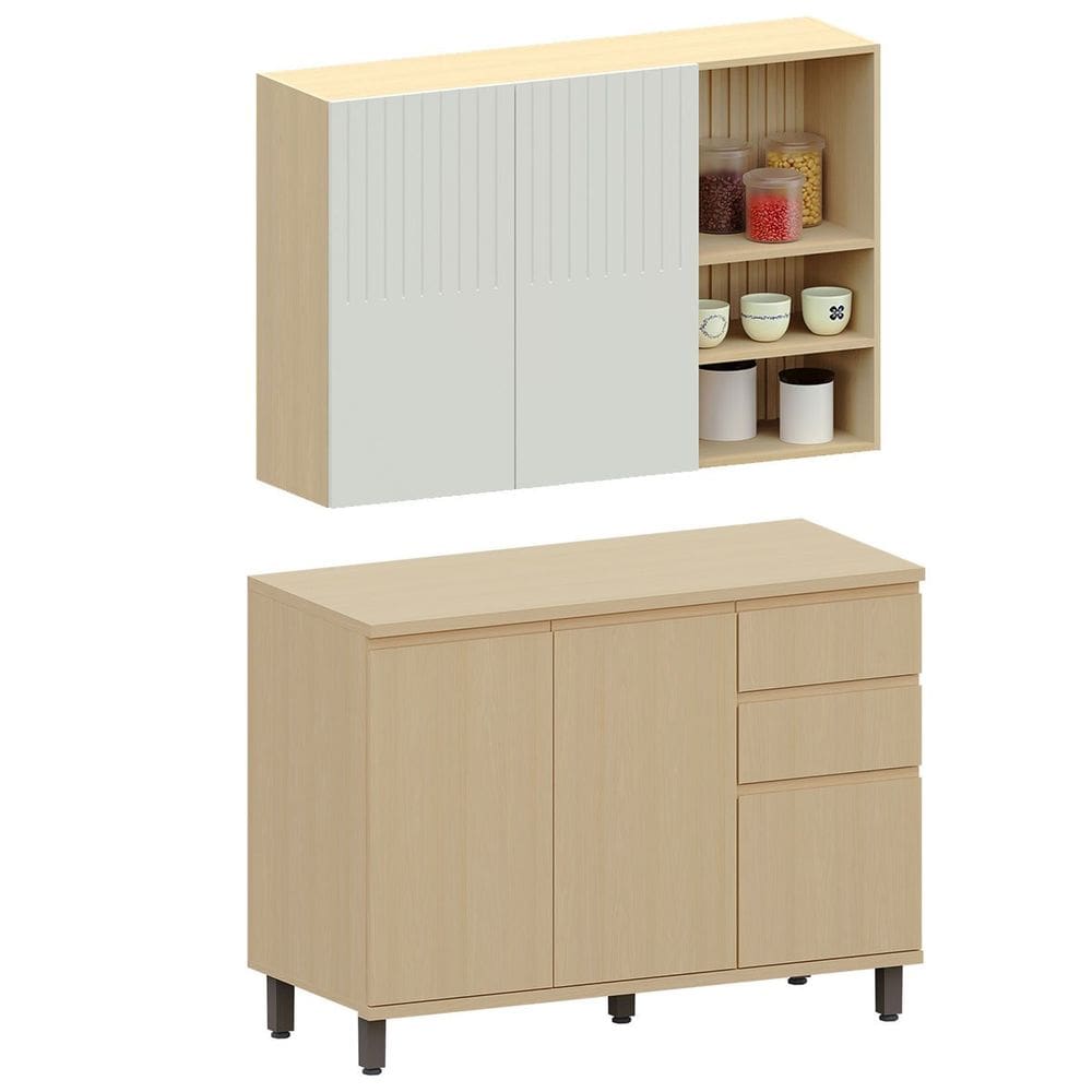 Kit Armário Aéreo com Nicho e Balcão de Cozinha 120 cm Aurora