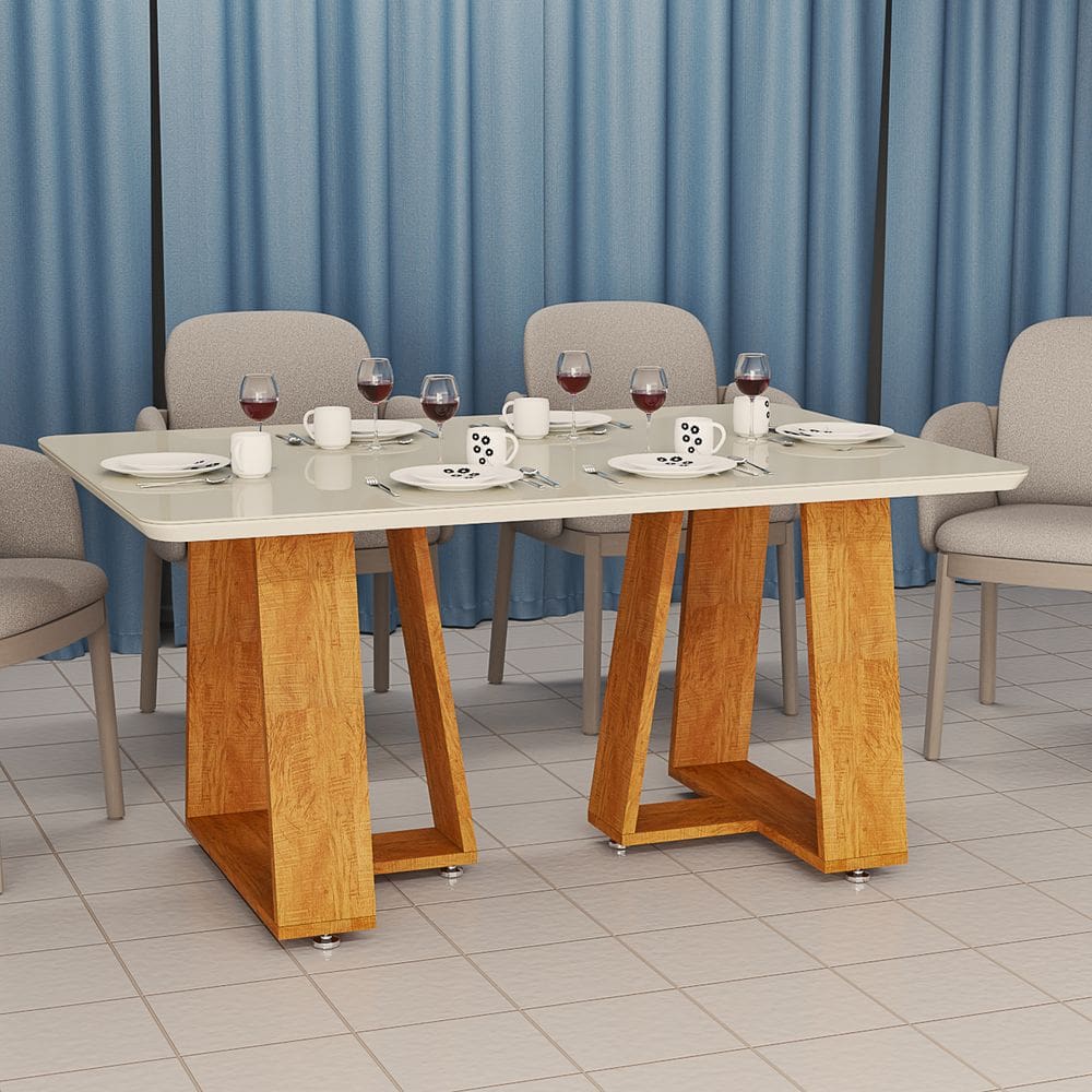 Mesa de Jantar Retangular Tampo com Vidro com Base Madeira Mdf Para 4 Lugares
