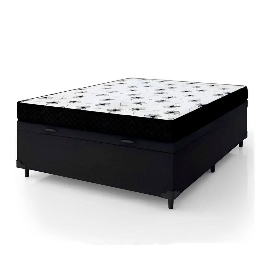 Cama Box Baú Casal 138 Tecido Sintético Preto Com Colchão Extra Firme Espuma Semi Ortopédica D28 Preto