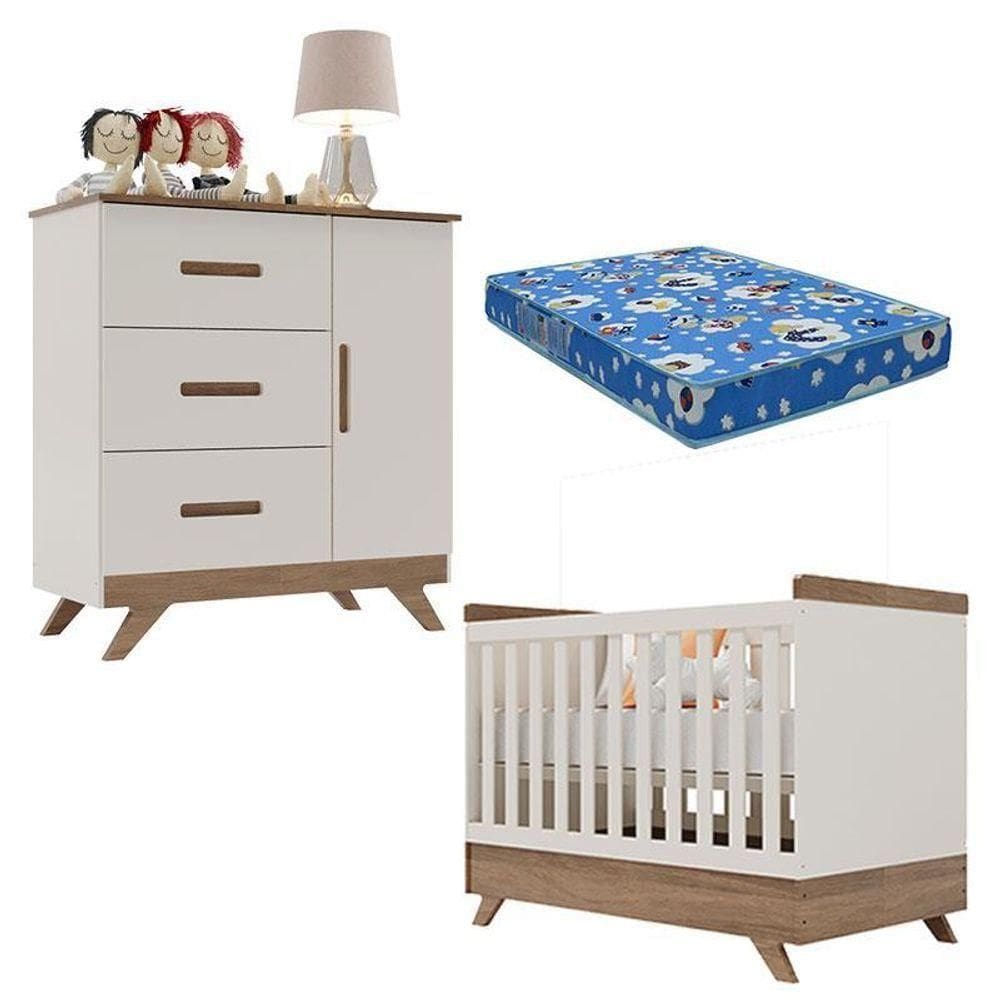 Berço Americano Vitória E Cômoda Retro Maya Off White Carvalho Com Colchão Ortobom – Canaã
