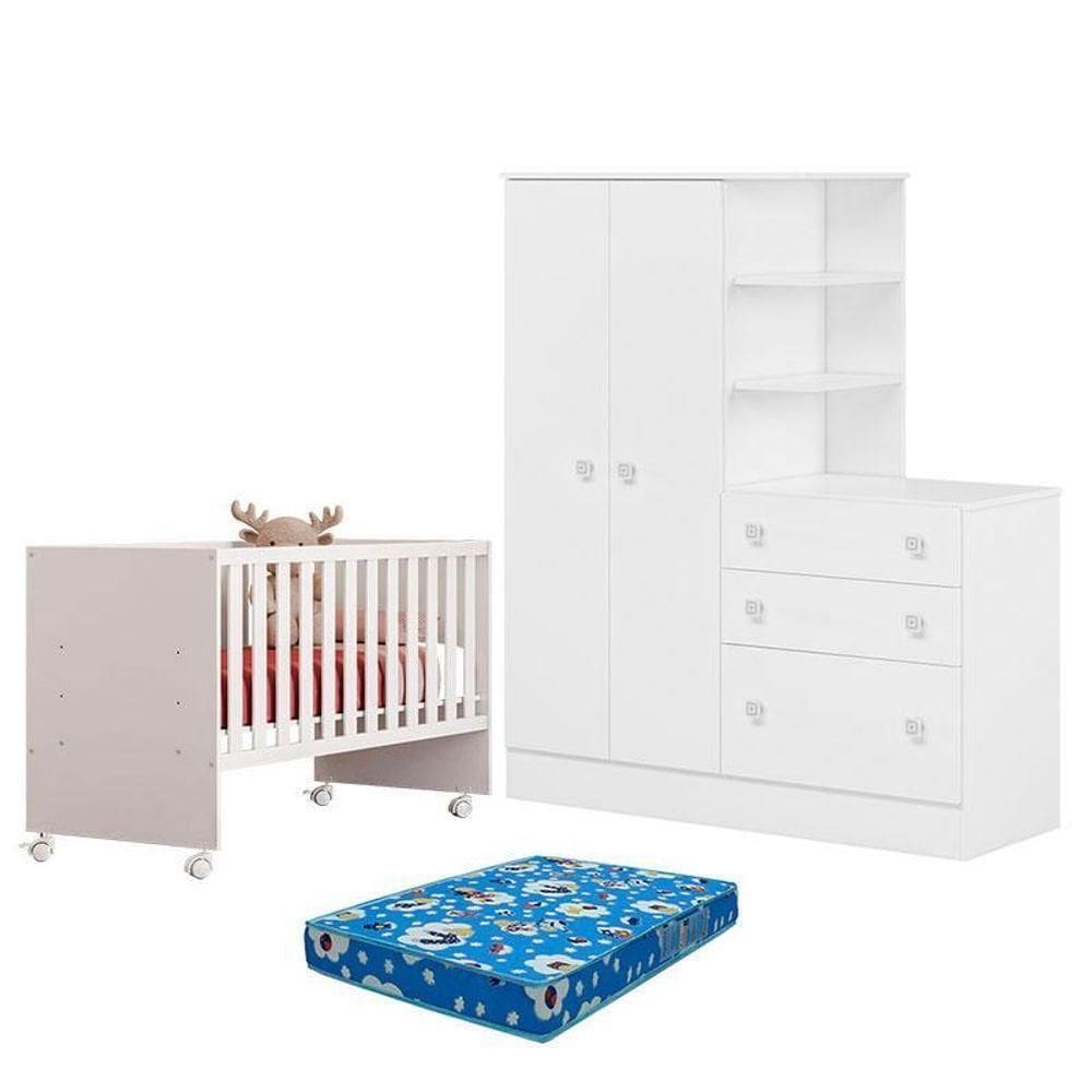Berço 3540 E Guarda Roupa Com Cômoda 4070 Doce Sonho Branco Brilho E Colchão Ortobom – Qmovi