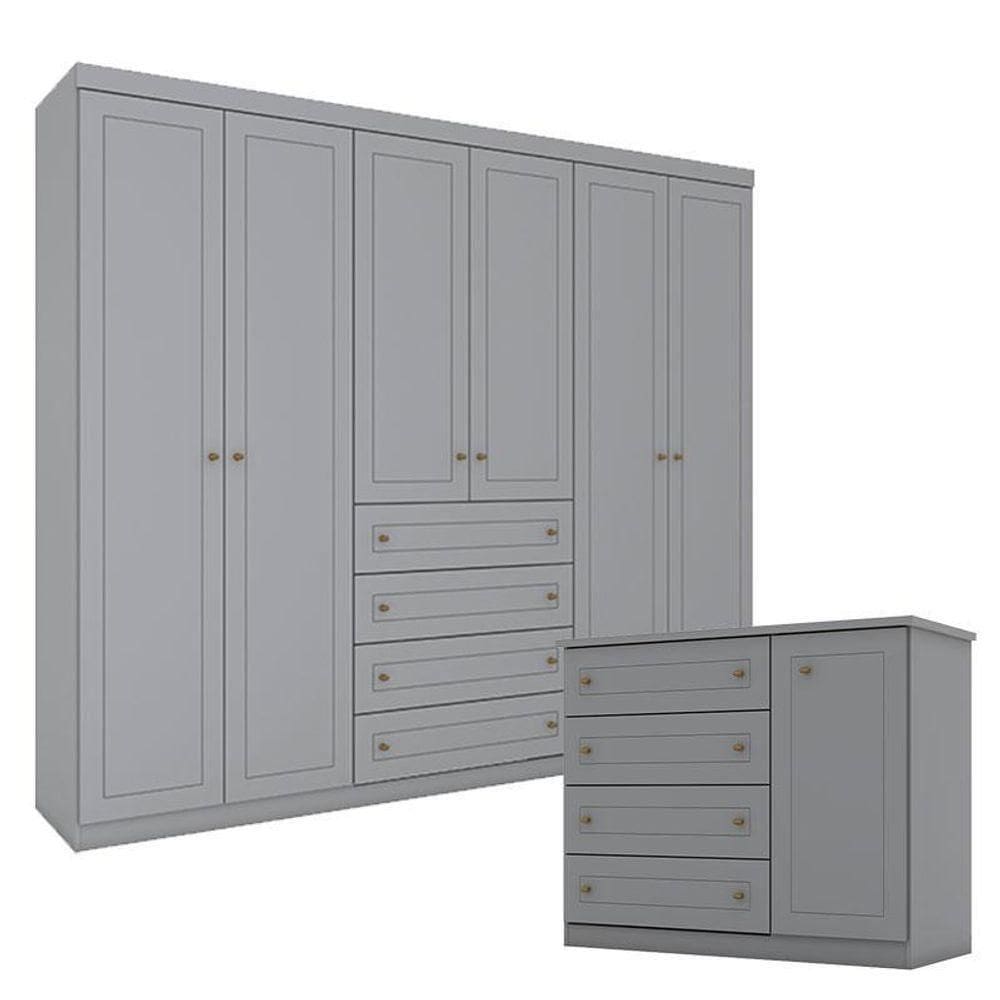 Cômoda E Guarda Roupa Casal 6 Portas Americano Cinza – Henn