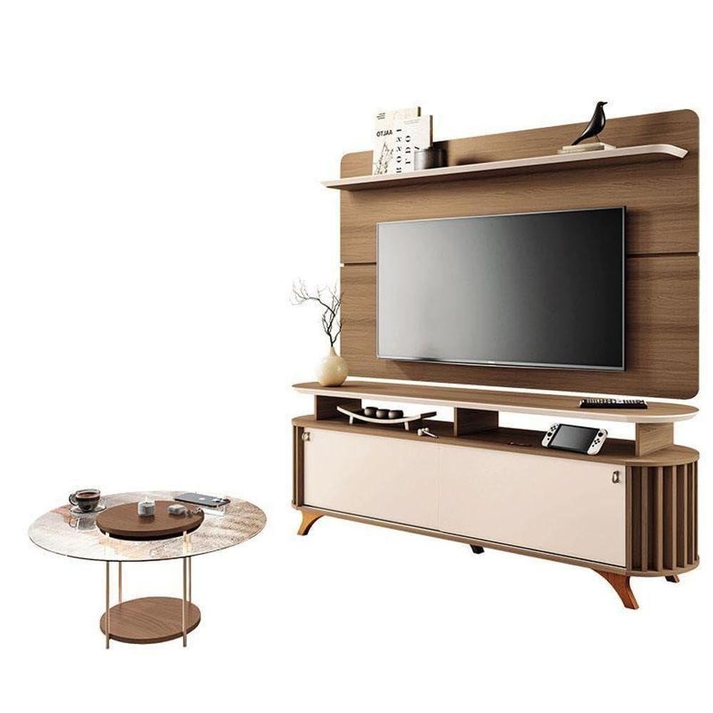 Rack Bancada Alba Com Painel Curv Com Mesa De Centro Sky Com Tampo De Vidro Castanho Off White – Hb Móveis