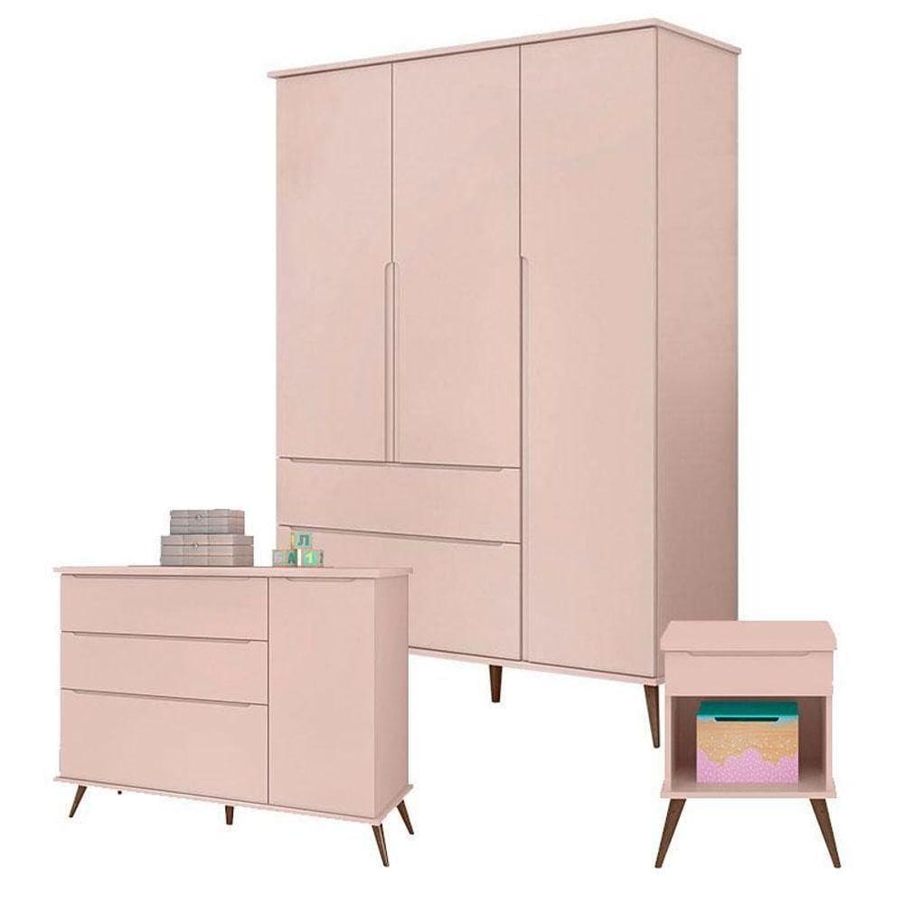 Cômoda E Guarda Roupa Com Mesa De Apoio Alice Rosa Acetinado - Phoenix Baby