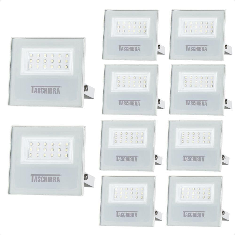 Kit 10 Refletor Holofote Taschibra Led Tr Slim 20w Verde Prova Da água Ip65 Branco Bivolt