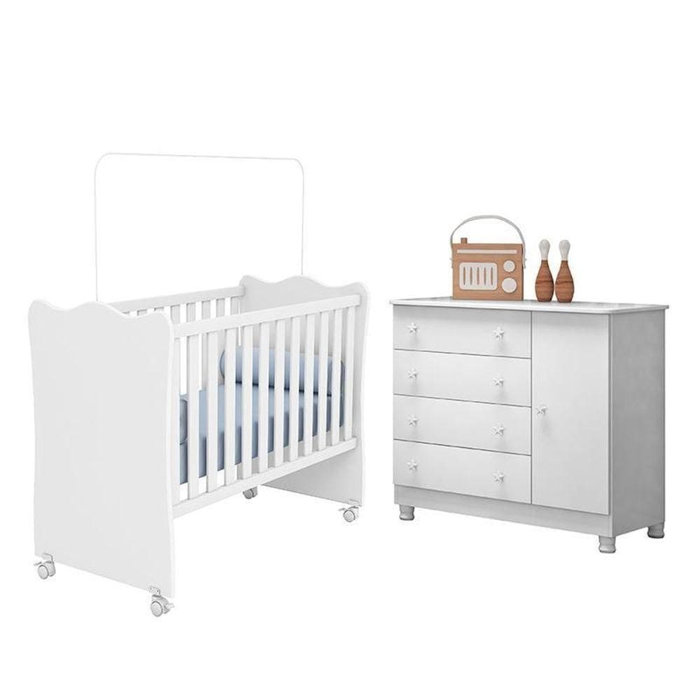 Jogo De Quarto Infantil Doce Sonho Cômoda 1 Porta E Berço Branco Com Rodízio - Qmovi Branco