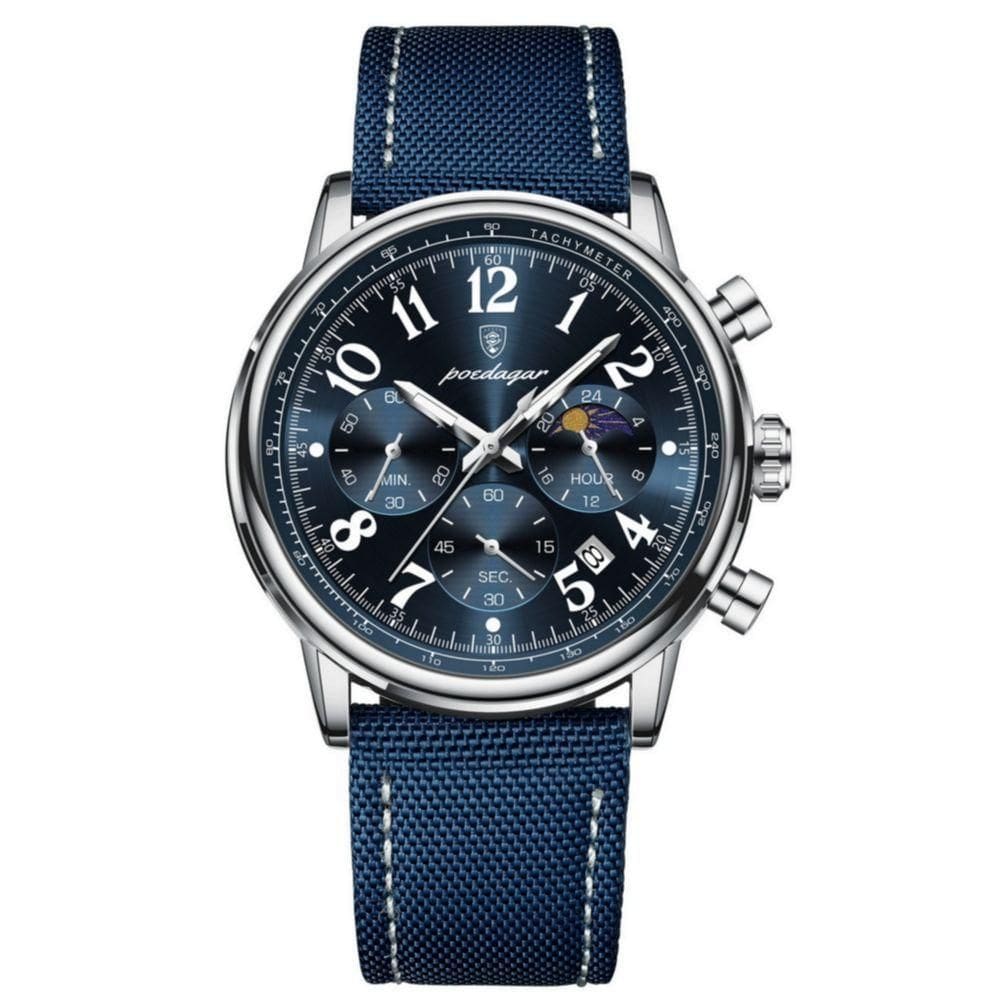 Relógio Esportivo Militar Masculino à Prova D`agua Quartzo Multifuncional Azul Prata