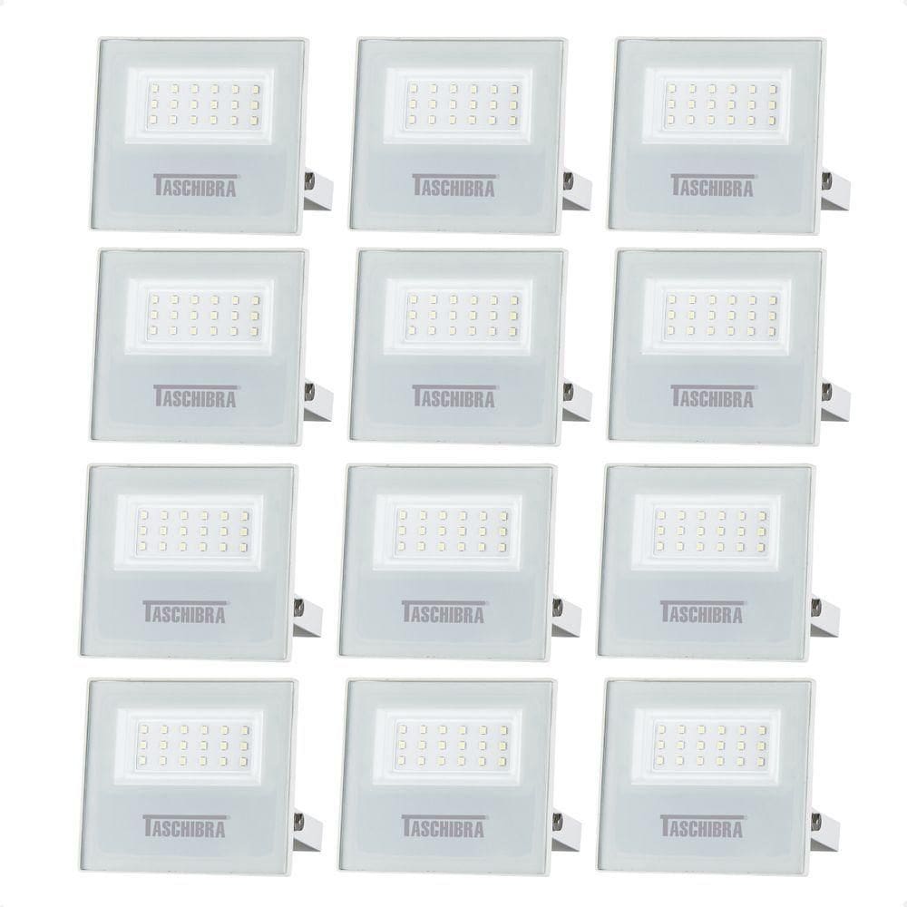 Kit 12 Refletor Holofote Taschibra Led Tr Slim 20w Verde Prova Da água Ip65 Branco Bivolt