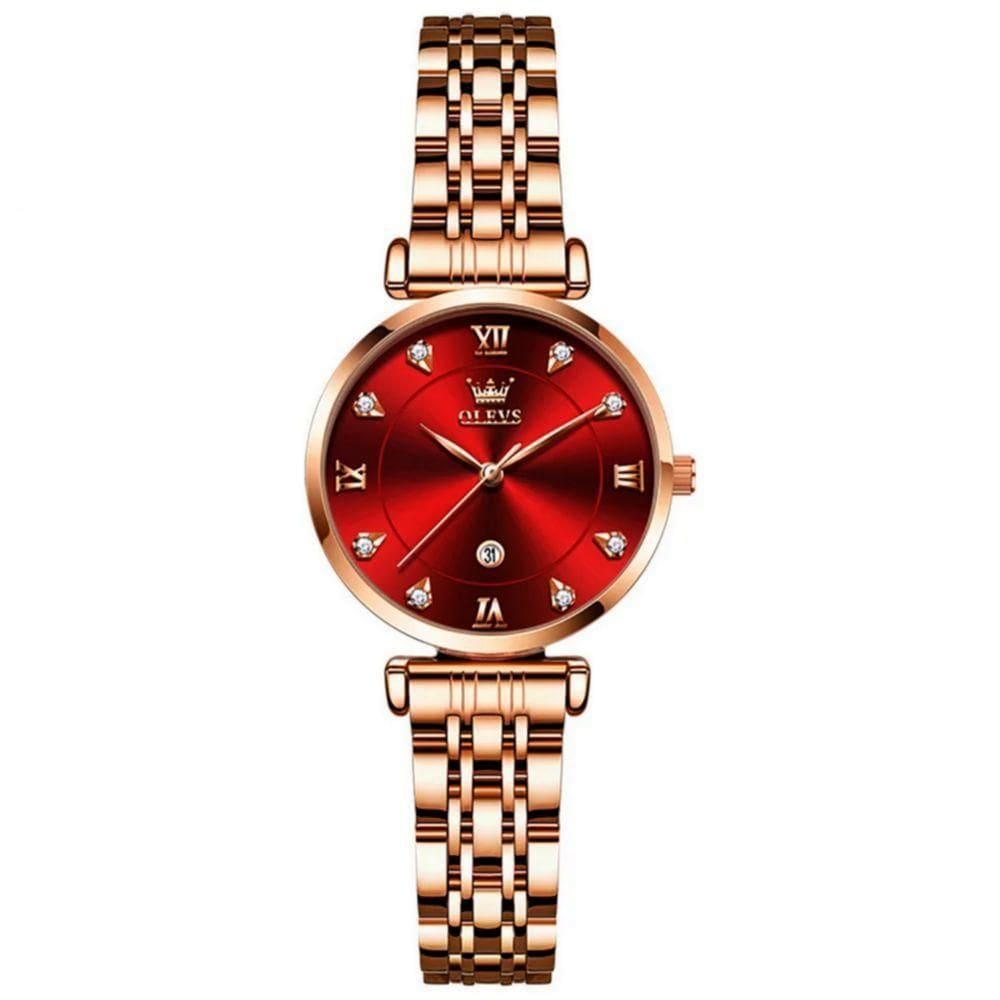 Relógio Feminino De Quartzo Dial Strass Pulseira De Aço Inoxidável A Prova D´agua Vermelho