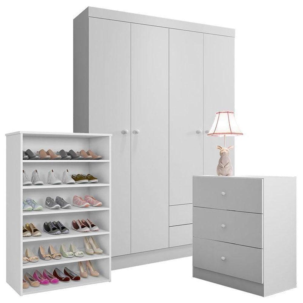 Cômoda E Guarda Roupa Louise E Sapateira Laís Branco Brilho - Ajl