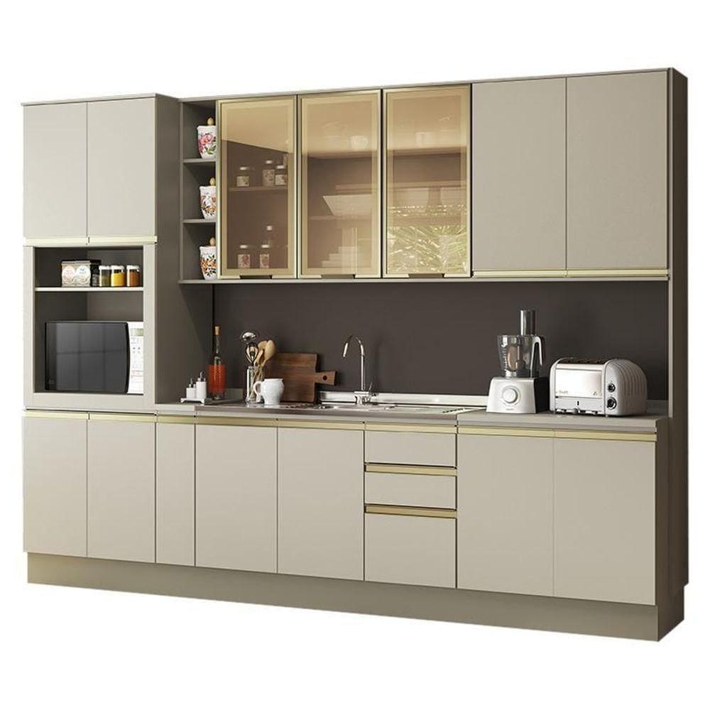Cozinha Completa 8 Peças Connect Duna/cristal Com Aéreo Vidro E Rodapé - Móveis Henn Duna/cristal