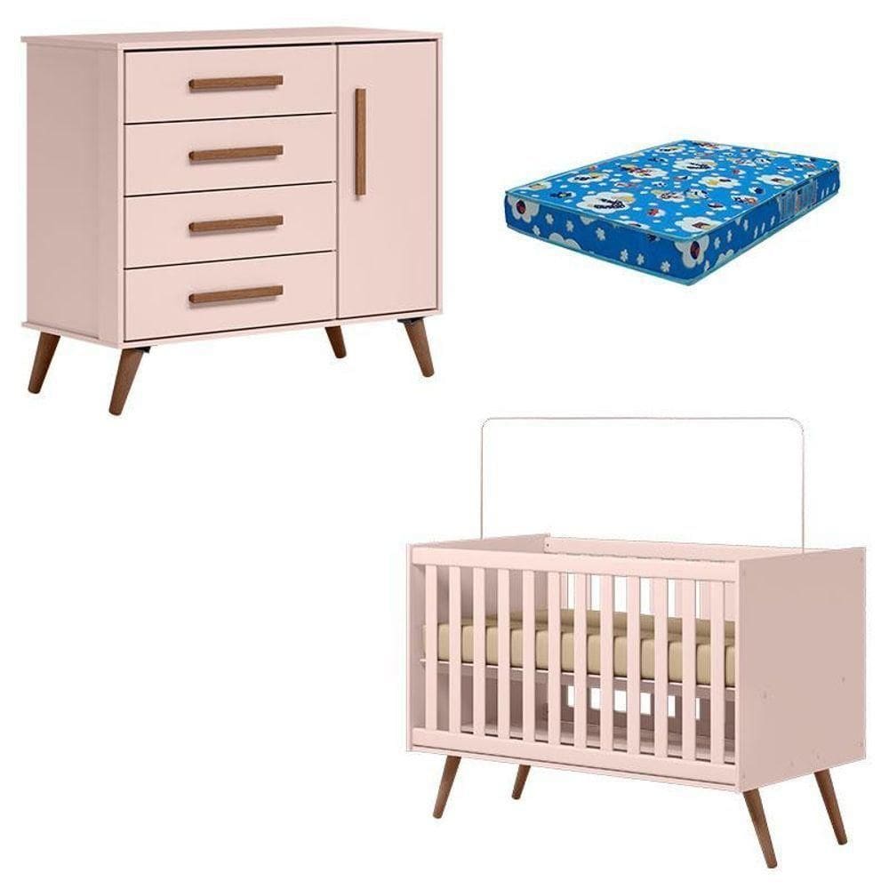 Berço Americano 3820 E Cômoda Infantil 3825 Retrô Rosa Com Colchão Ortobom - Qmovi