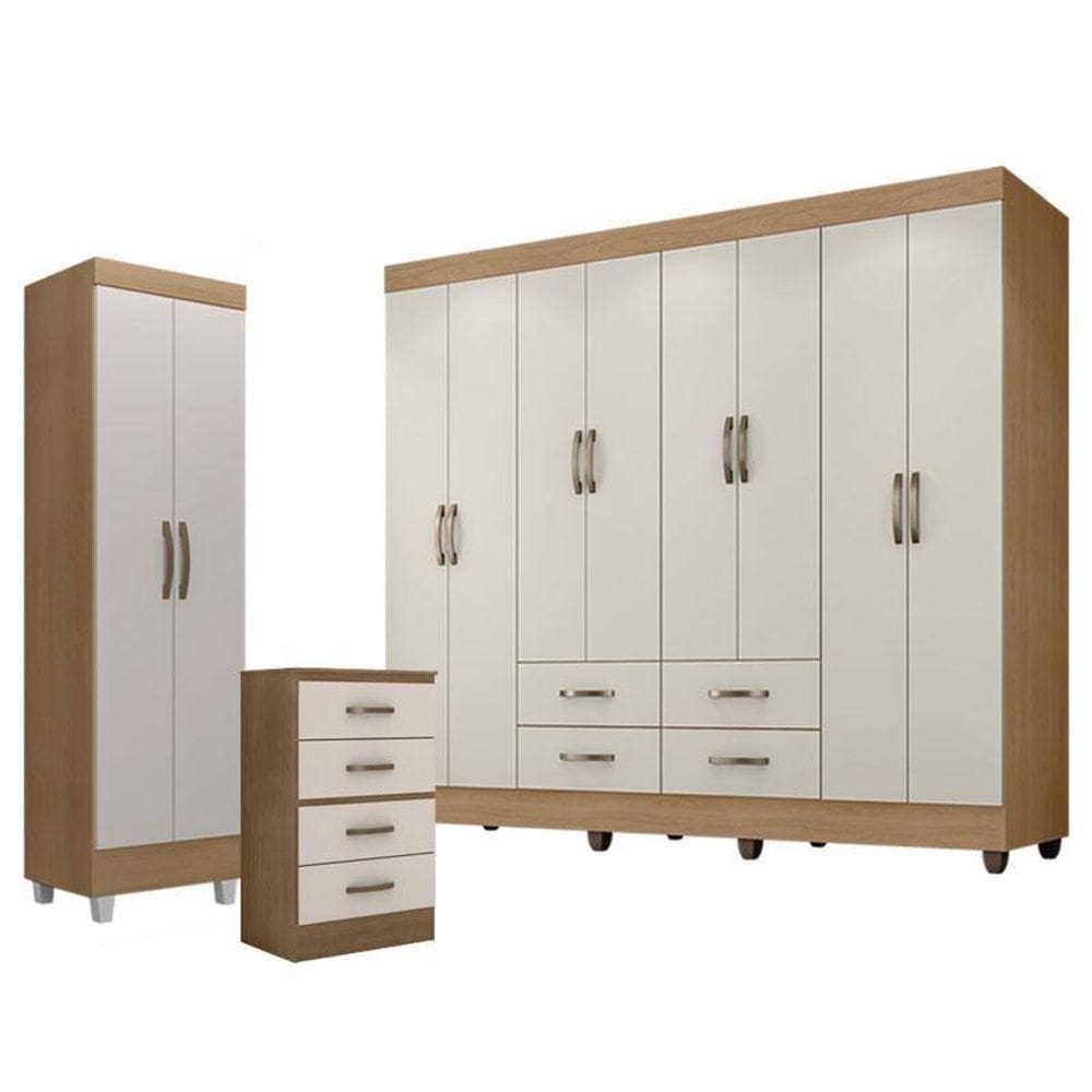 Guarda Roupa Casal Porto Com Cômoda 4 Gavetas E Armário Multiuso Lite Nature Off White – Leão