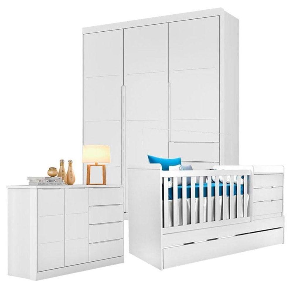 Quarto De Bebê Blenda Com Berço Multifuncional Cleo Branco Acetinado – Phoenix