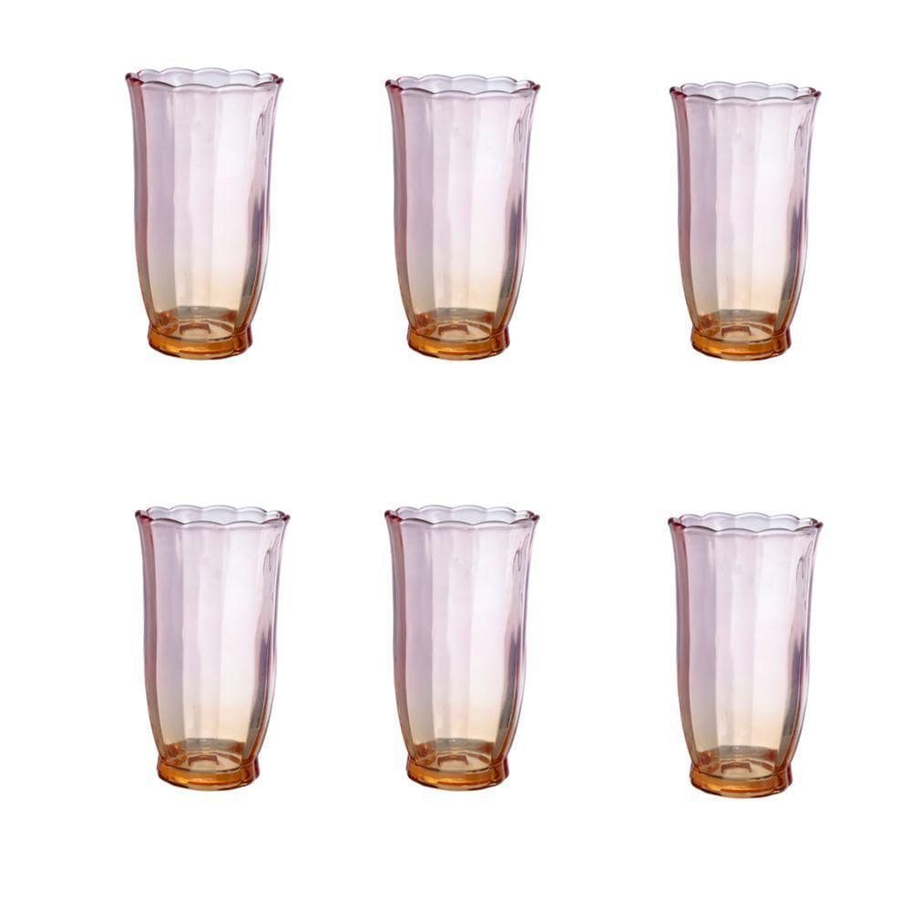 Conjunto 6 Copos Long Drink Peach Dourado C/ Rosa 350 Ml