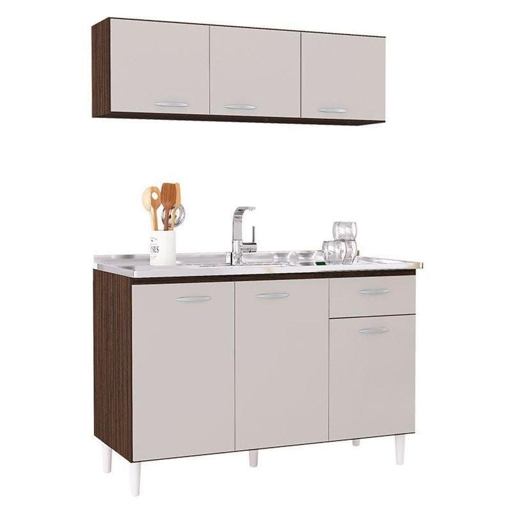 Balcão De Pia E Armário Aéreo 120 Cm Chocolate Off White – Poquema