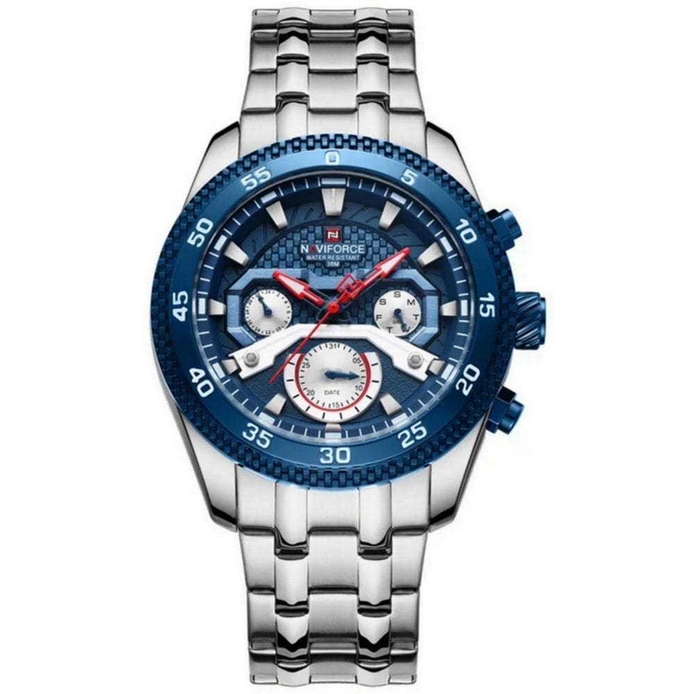 Relógio De Pulso Masculino Com Cronógrafo Mostrador Luminoso Impermeável Azul Prata