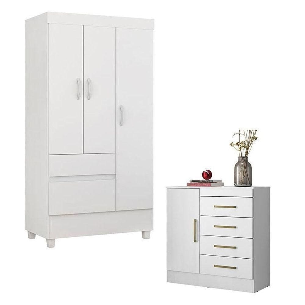 Cômoda Montevidéu E Guarda Roupa Solteiro Branco - Demóbile
