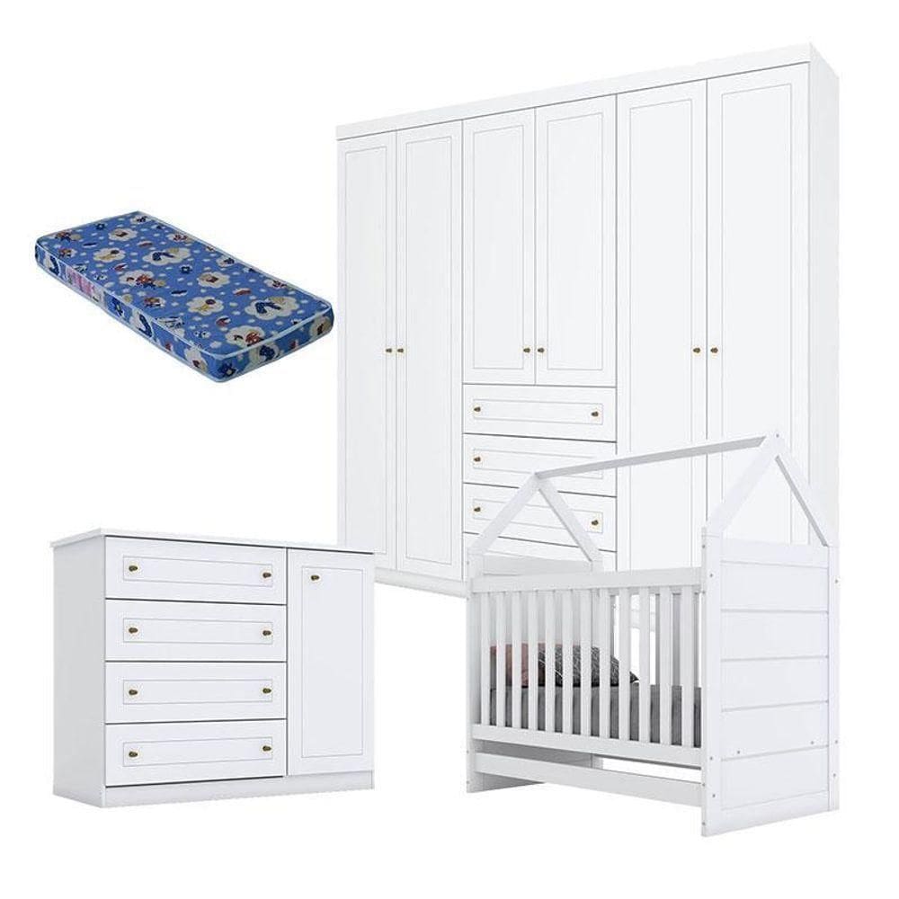 Quarto De Bebê Mississipi 6 Portas Com Berço Montessoriano Branco E Colchão Ortobom - Henn