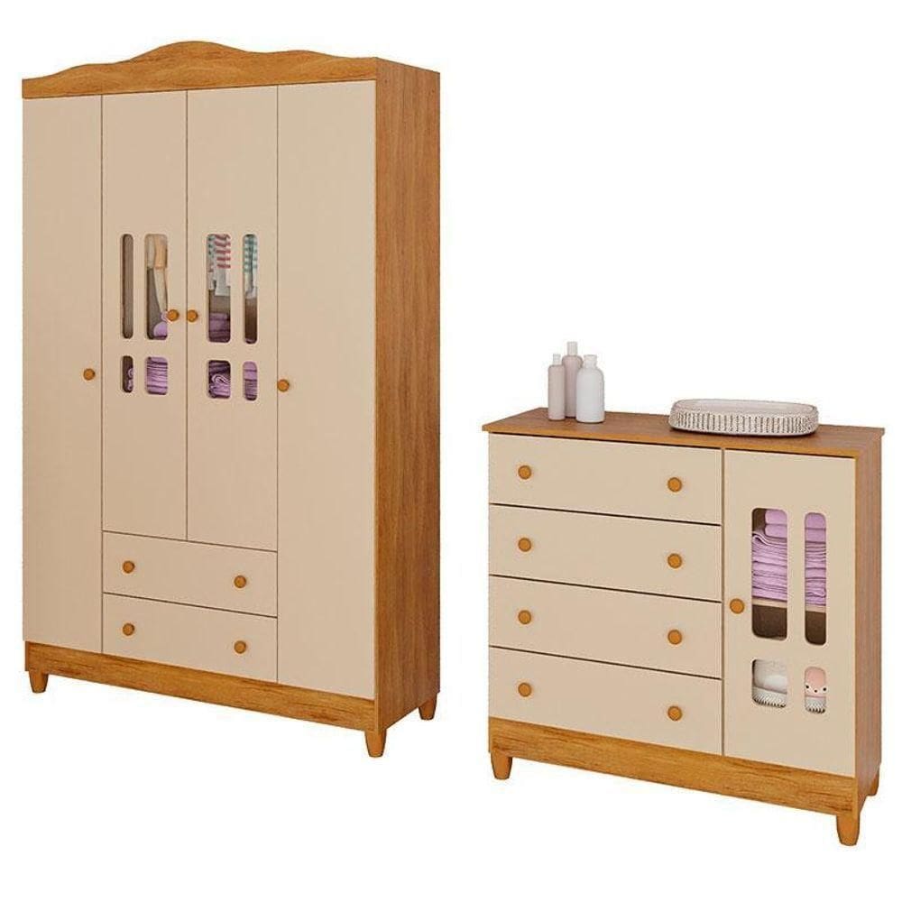 Cômoda E Guarda Roupa Infantil Ariel 4 Portas Off White Bétula– Carolina Baby