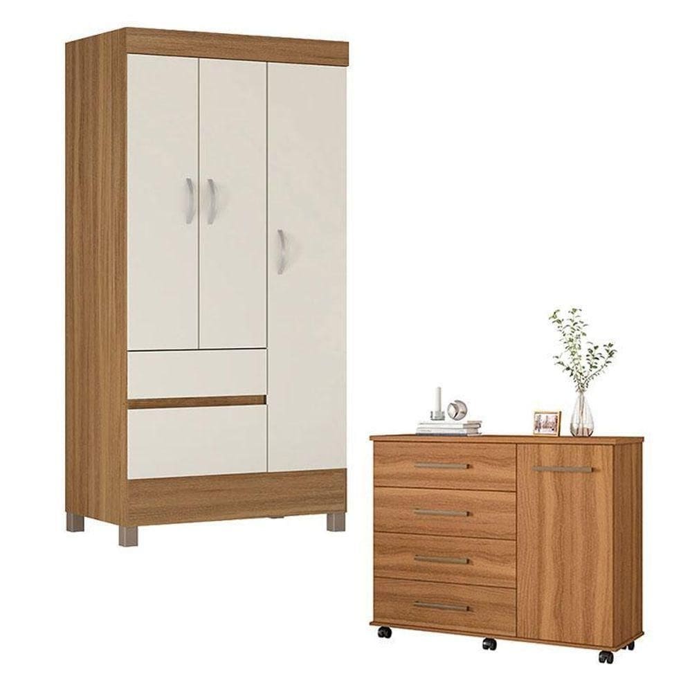 Cômoda Flora E Guarda Roupa Solteiro Amêndola Off White - Demóbile