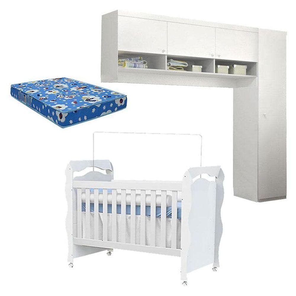 Berço Americano New Nanda Guarda Roupa Eloisa 1 Porta Com Módulo Aéreo Branco Brilho E Colchão Ortobom - Phoenix
