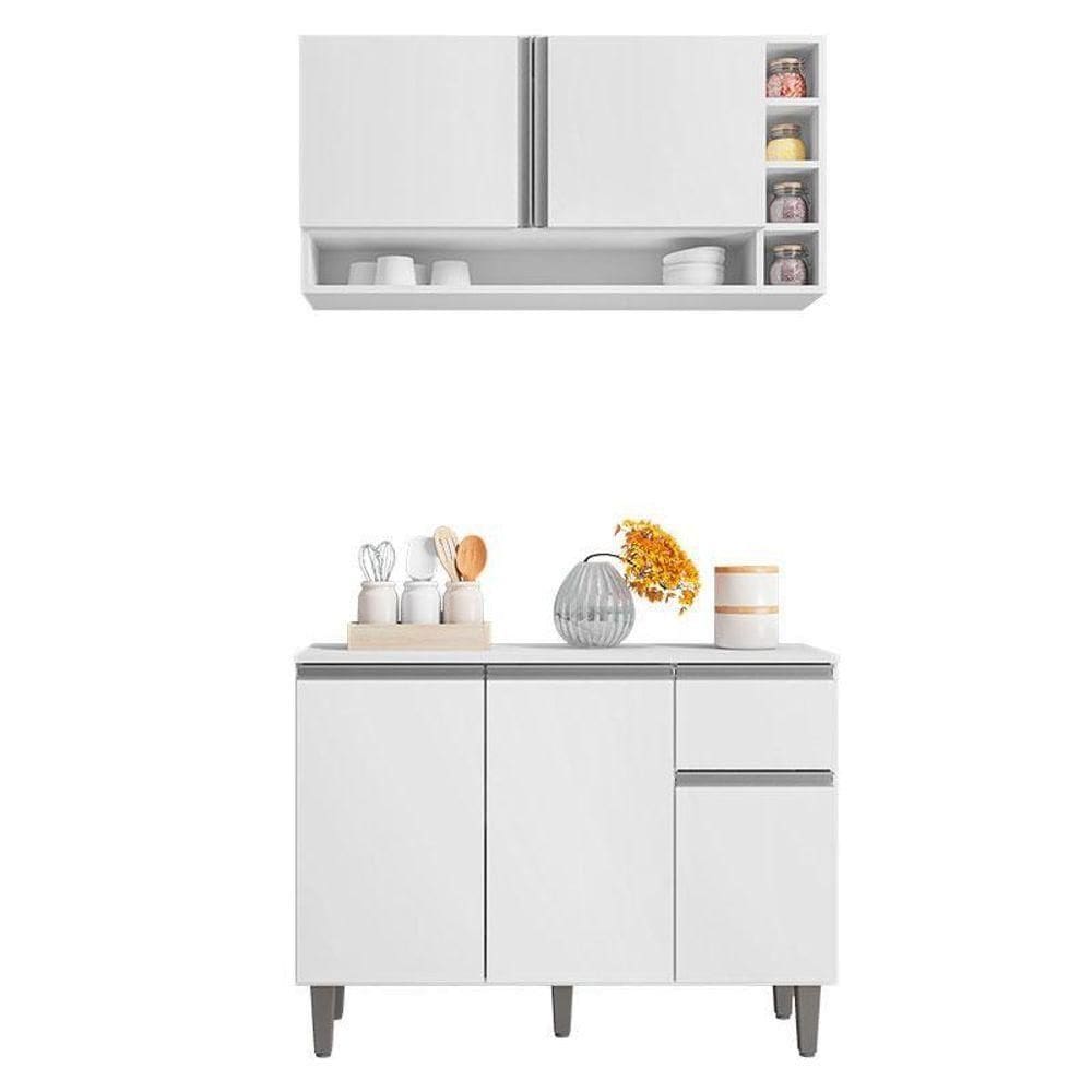 Balcão De Cozinha E Armário Aéreo Vanessa Branco Brilho - Ajl