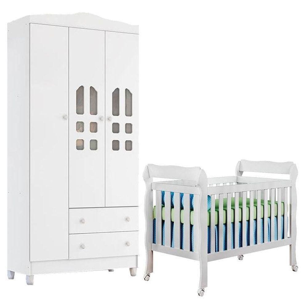 Berço Americano Lila E Guarda Roupa Infantil New Selena 3 Portas Branco Brilho – Carolina Móveis