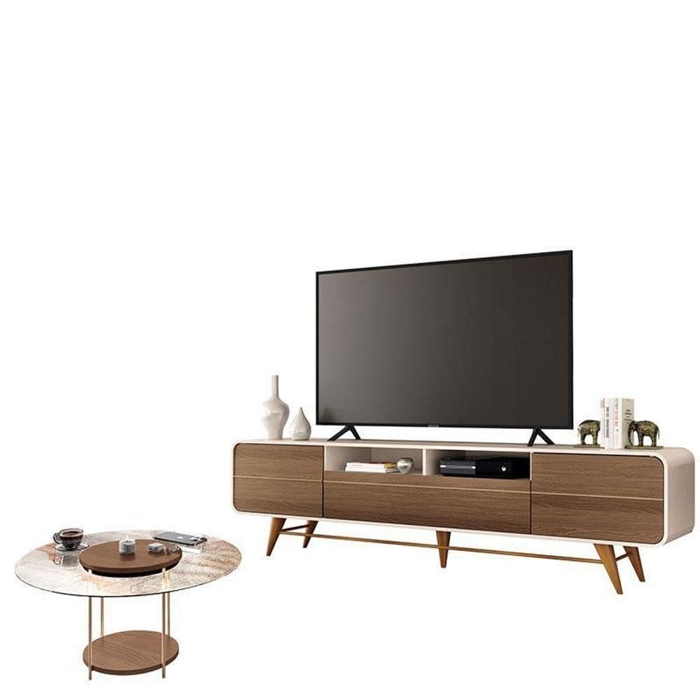 Rack Bancada época Com Mesa De Centro Sky Com Tampo De Vidro Castanho Off White - Hb Móveis