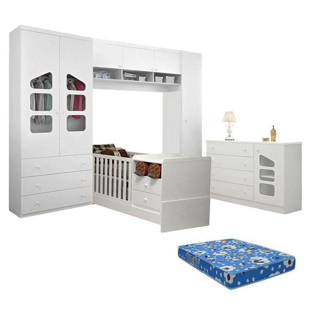 Quarto De Bebê Completo Eloisa Com Berço Multifuncional Selena Branco Brilho Com Colchão Phisical - Phoenix