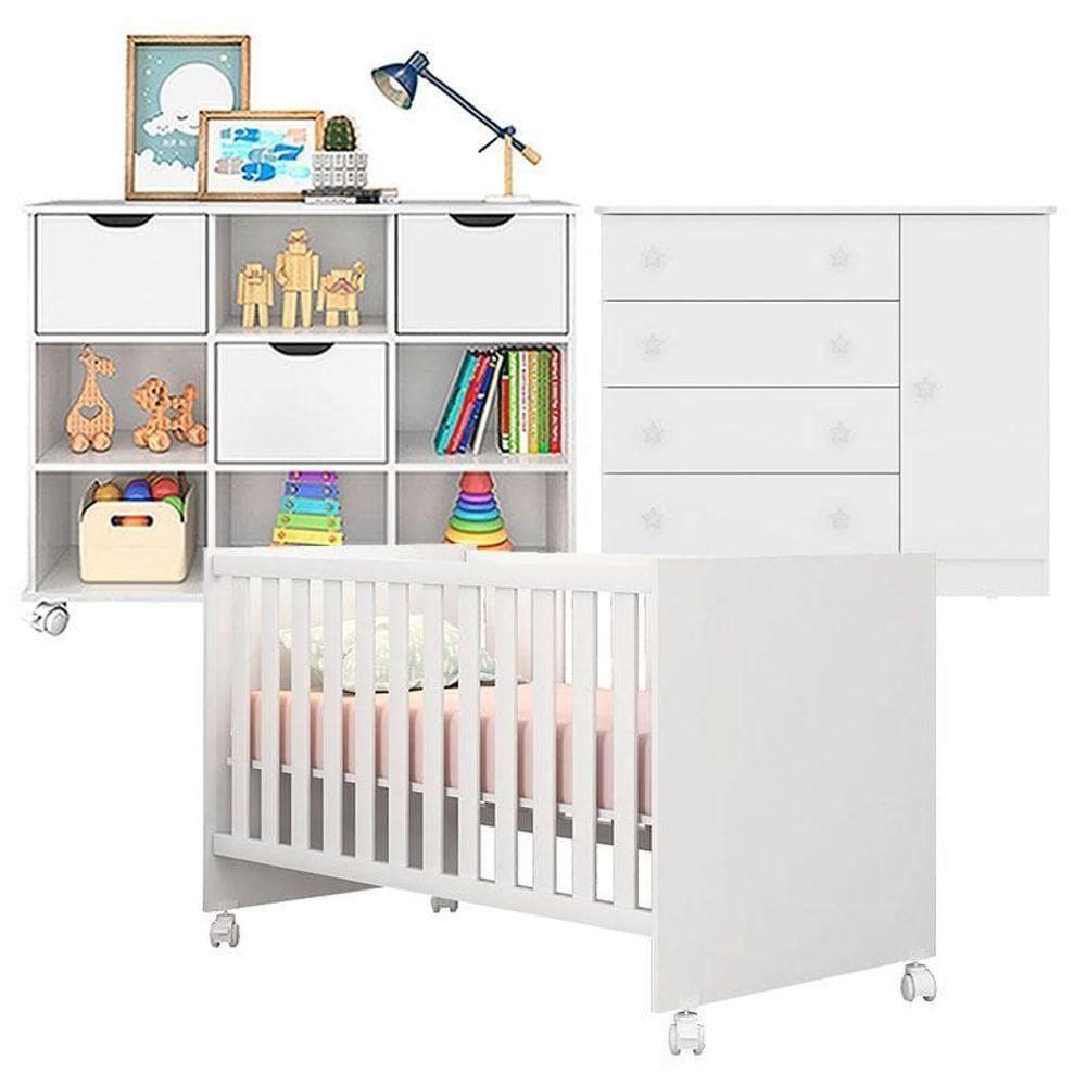 Berço Americano Doce Sonho 100 Com Rodízios E Cômoda 2561 Com Nicho Organizador 3 Gavetas Branco Brilho - Qmovi