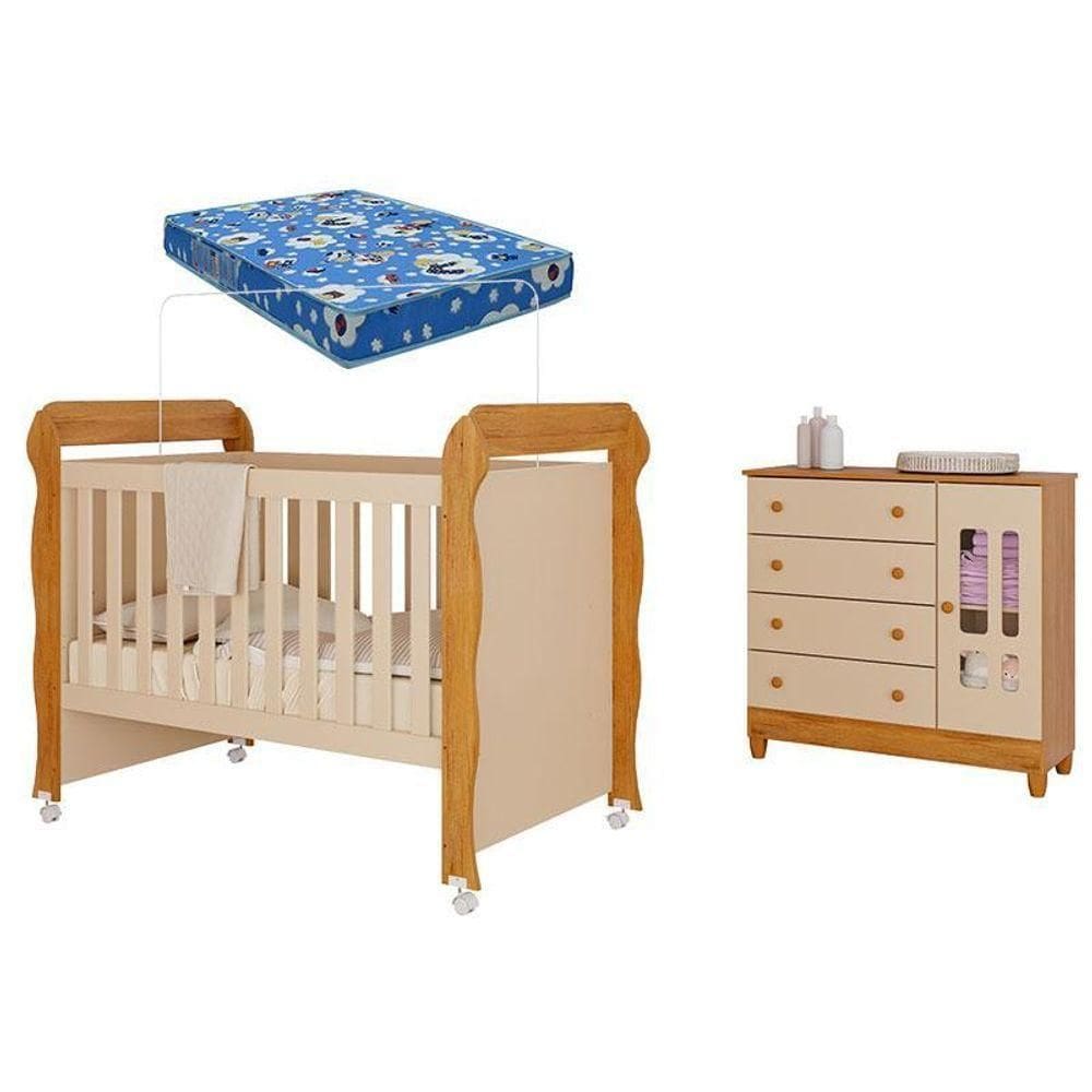 Berço Americano Mirelle E Cômoda Infantil Ariel Com Porta Off White Bétula Com Colchão Ortobom– Carolina Baby