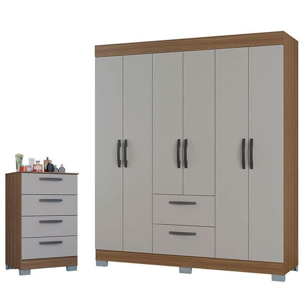 Cômoda 867 4 Gavetas E Guarda Roupa Casal Tóquio 6 Portas Castanho Off White - Poquema